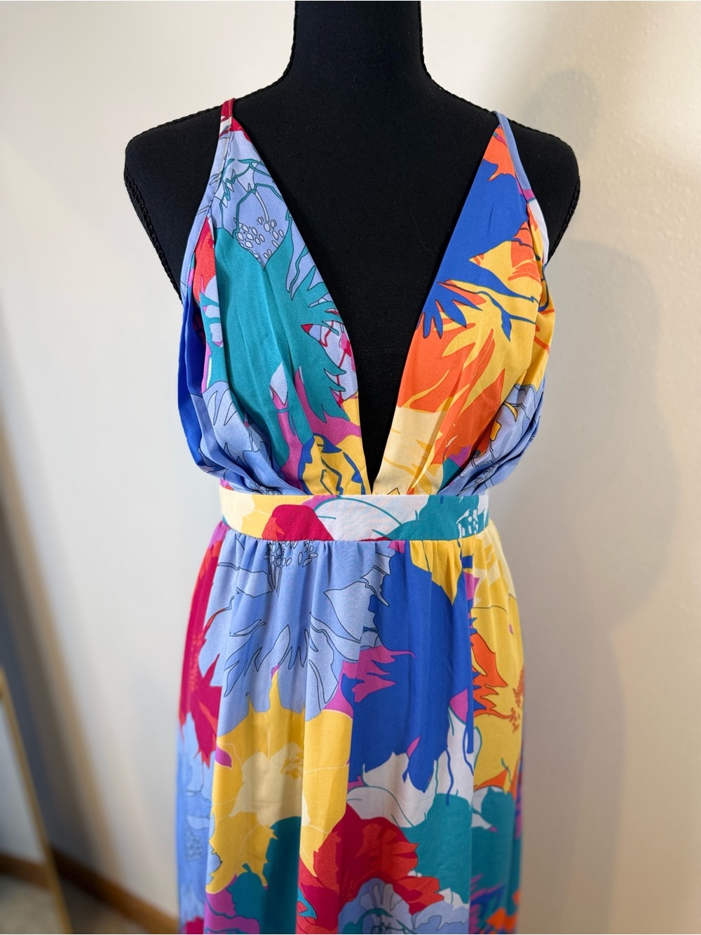 Floral Maxi Dress Open Back Plunge Sleeveless Resort Vacation Small